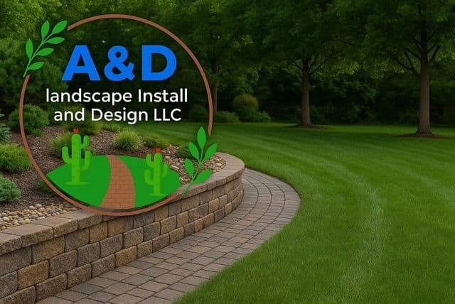 Manicured lawn with a curved paver retaining wall installation
